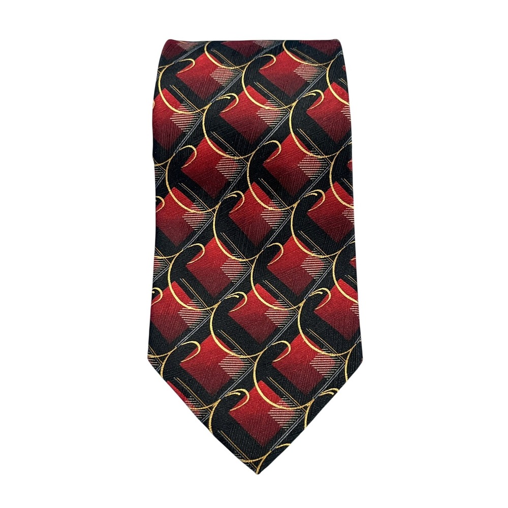 JZ RICHARDS Black/Red ART DECO PRINT Made In USA HAND-MADE SILK Men's Neck Tie